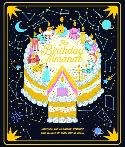 Cover of 'The Birthday Almanac' with a colorful cake illustration and celestial designs.