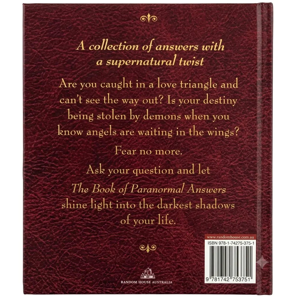 The back cover of the book 'The Book of Paranormal Answers' featuring a textured dark red leather-like background with gold text and a barcode.