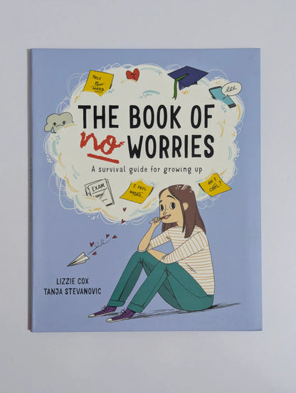 Book titled 'The Book of No Worries' on a light gray background