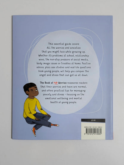 Back cover of a book with text and a child illustration on a light blue background