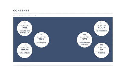 Table of contents with chapter titles on a blue background