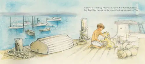 Illustration of a boy with a dog on a dock with boats in the background