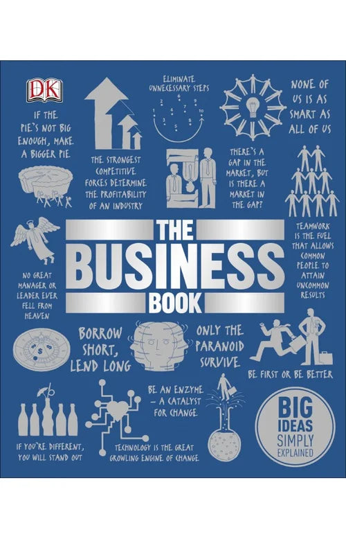 Book cover of 'The Business Book' with various business-related illustrations on a blue background