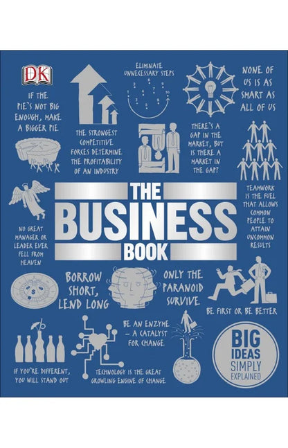 Book cover of 'The Business Book' with various business-related illustrations on a blue background