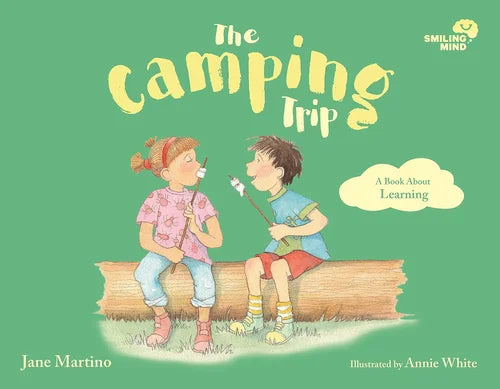 Book cover of 'The Camping Trip' with two children sitting on a log against a green background.