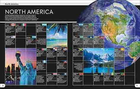 Calendar or travel guide featuring North America with images of landmarks and landscapes.