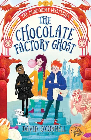 Book cover of 'The Chocolate Factory Ghost' featuring three children and a ghost in front of a candy-themed background.