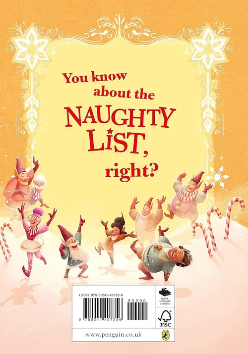 Book cover with cartoon characters and text about a naughty list on a yellow background