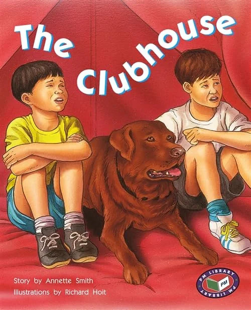 Book cover of 'The Clubhouse' with two children and a dog on a red background
