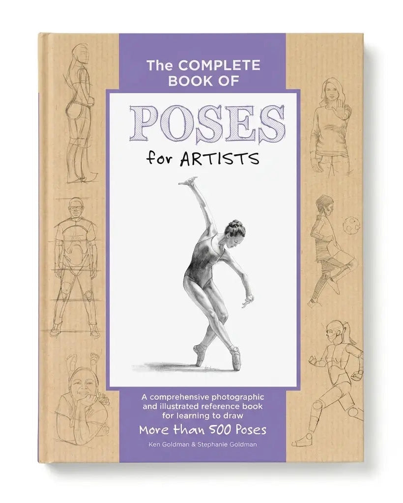 The Complete Book of Poses for Artists reference book, featuring a light wood-textured cover with purple title bands and black line drawings of human poses.