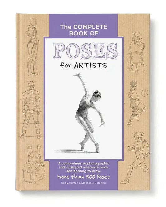 The Complete Book of Poses for Artists reference book, featuring a light wood-textured cover with purple title bands and black line drawings of human poses.