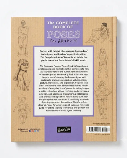 The back cover of the book 'The Complete Book of Poses for Artists' by Rubie Gold, shown against a plain white background. The cover is a warm tan wood-grain texture with black line-art illustrations of human figures and a central lavender-blue text box.