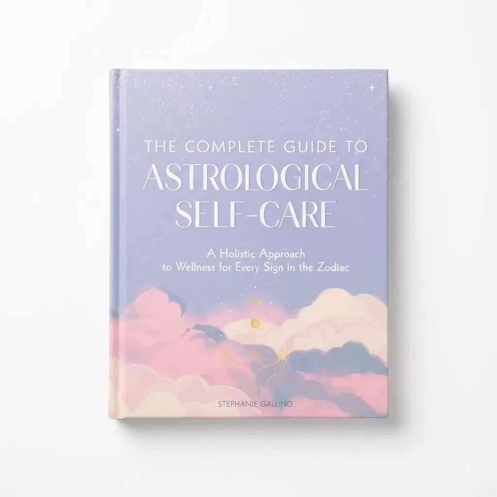 A hardcover book titled 'The Complete Guide to Astrological Self-Care' by Stephanie Galung, featuring a pastel cover with a lavender sky, pink clouds, and a small sun illustration, shown on a clean white background.