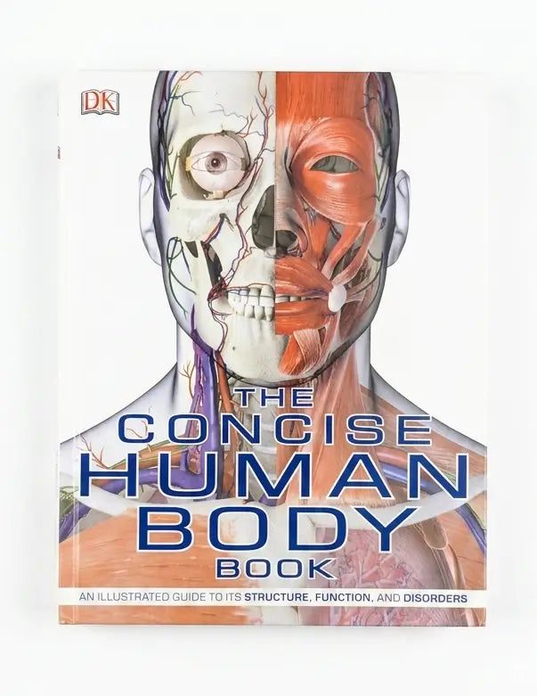 The Concise Human Body Book by DK, featuring a detailed anatomical illustration of a human head and neck with half the face and muscle tissue highlighted in orange-red, on a white background.