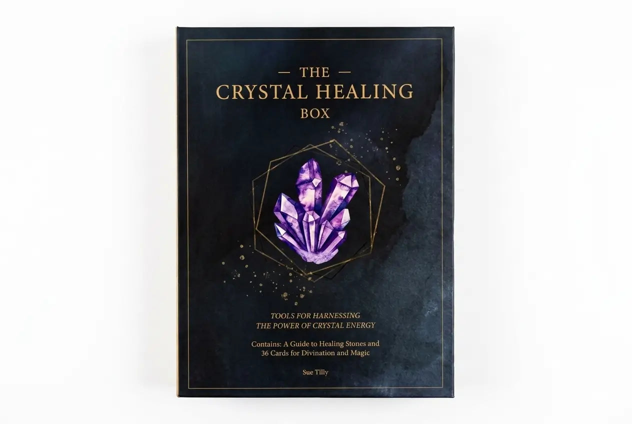 Crystal Healing Box packaging with purple crystal illustration on a dark background