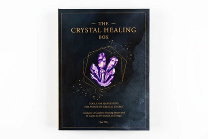 Crystal Healing Box packaging with purple crystal illustration on a dark background