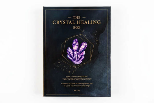 Crystal Healing Box packaging with purple crystal illustration on a dark background
