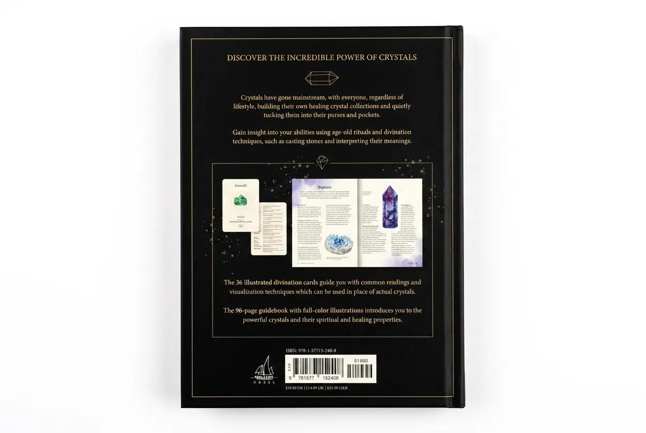 Back cover of a book with crystal information and illustrations on a white background