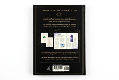 Back cover of a book with crystal information and illustrations on a white background