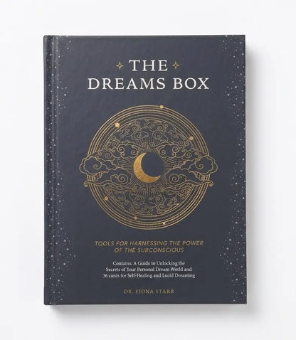 The Dreams Box book by Dr. Fiona Starr, featuring a dark navy blue cover with gold celestial illustrations and white text, shown on a clean white background.