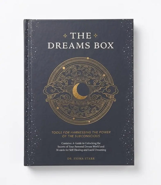 The Dreams Box book by Dr. Fiona Starr, featuring a dark navy blue cover with gold celestial illustrations and white text, shown on a clean white background.