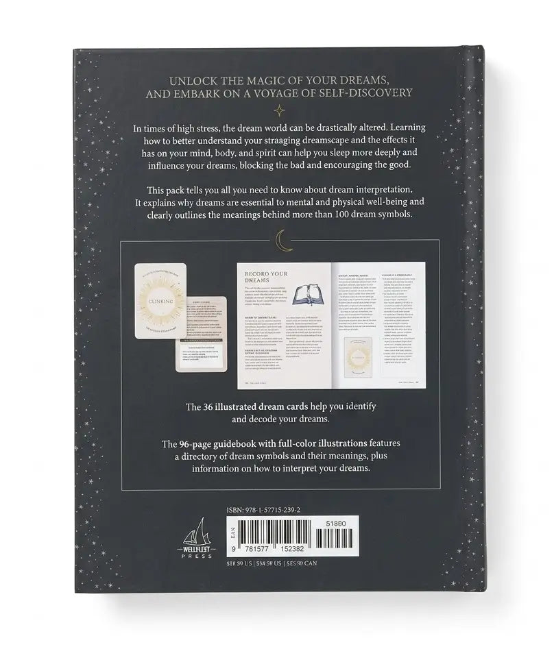 The back cover of a book titled 'Unlock the Magic of Your Dreams' on a clean white background. The cover is dark gray with white text and a central illustration showing a dream journal, a moon phase, a book, and an open booklet.