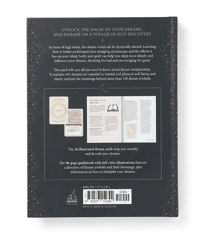 The back cover of a book titled 'Unlock the Magic of Your Dreams' on a clean white background. The cover is dark gray with white text and a central illustration showing a dream journal, a moon phase, a book, and an open booklet.
