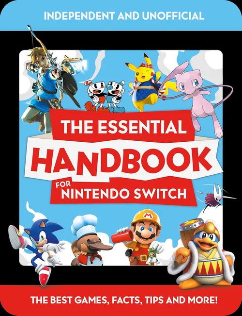 Cover of 'The Essential Handbook for Nintendo Switch' with characters from various games on a blue background.