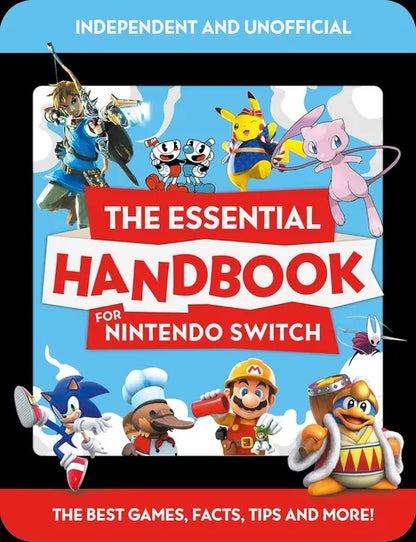 Cover of 'The Essential Handbook for Nintendo Switch' with characters from various games on a blue background.