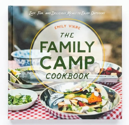 Book cover of 'The Family Camp Cookbook' by Emily Vikre with images of food on a checkered tablecloth.