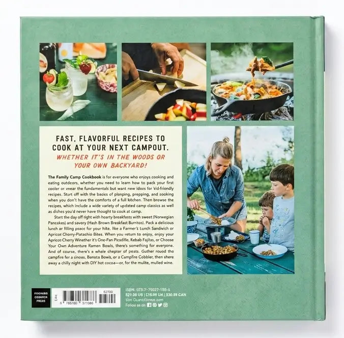 Back cover of a cookbook with images of cooking outdoors and text about campfire recipes.