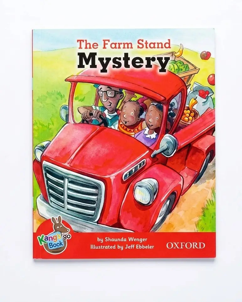 The Farm Stand Mystery book cover by Oxford, featuring a colorful illustration of a red truck carrying people and produce on a green field.