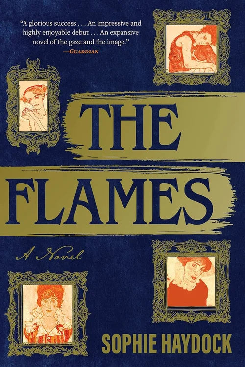 Book cover of 'The Flames' by Sophie Haydock with text and images of women's faces.