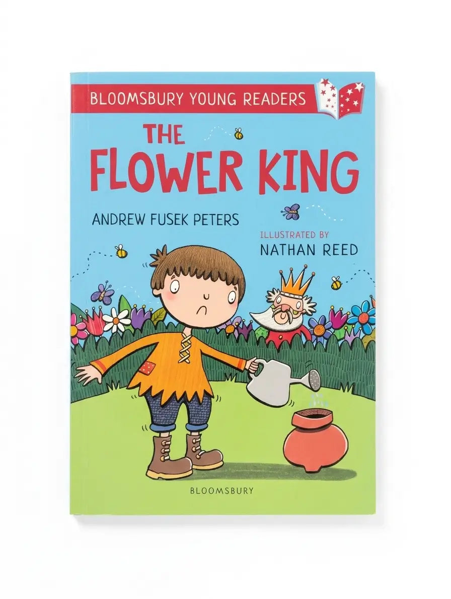 Book cover of 'The Flower King' by Andrew Fusek Peters and Nathan Reed, featuring a cartoon boy and old man in a garden.