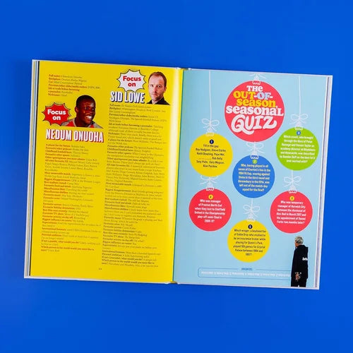 Open magazine with yellow and blue pages on a blue background