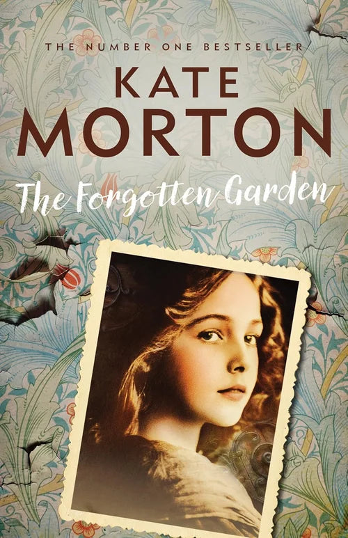 Book cover of 'The Forgotten Garden' by Kate Morton with a vintage-style portrait and floral background.
