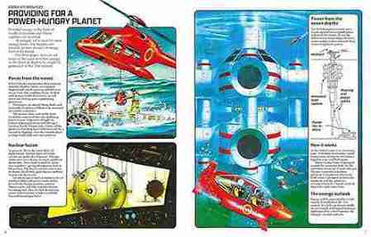 Illustrations of a submarine, helicopter, and nuclear plant with text on a blue background.