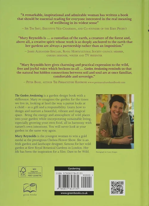 Back cover of a book with text and a photo of a woman on a green background