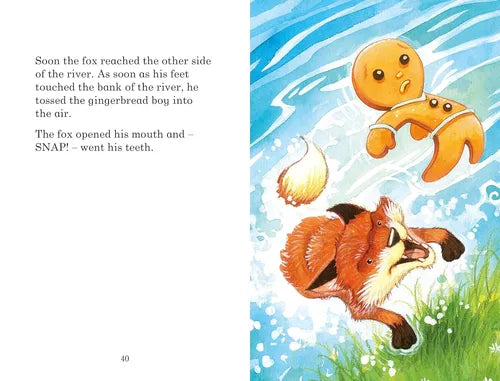 Illustration from a children's book with a fox and gingerbread men near a river.