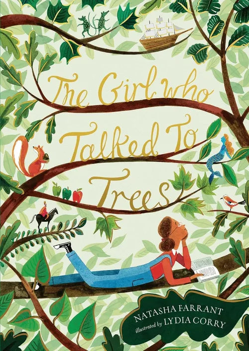 Book cover of 'The Girl Who Talked To Trees' with illustrations of a girl among trees and animals.