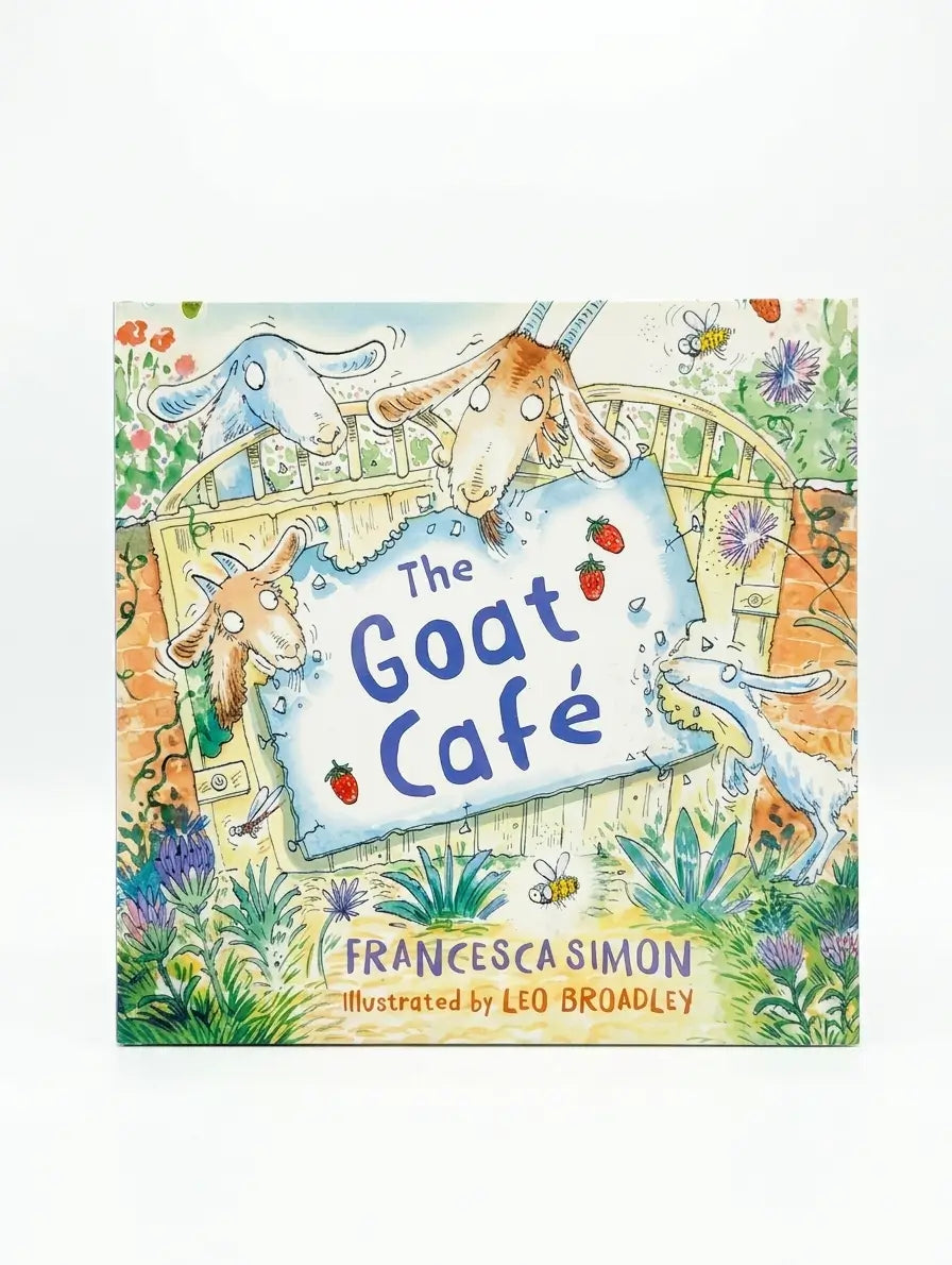 Book cover of 'The Goat Café' with goats and a sign on a colorful background