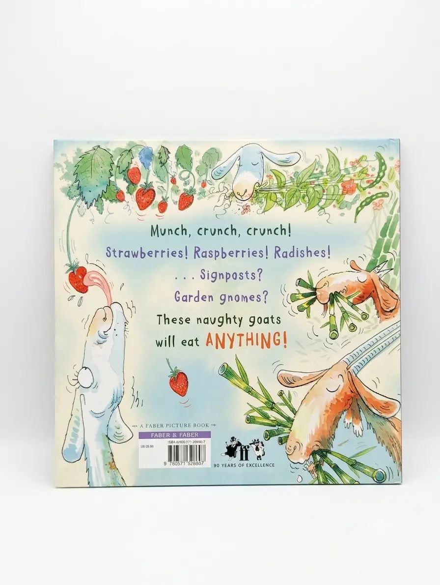 Book cover with illustrations of goats and vegetables on a white background