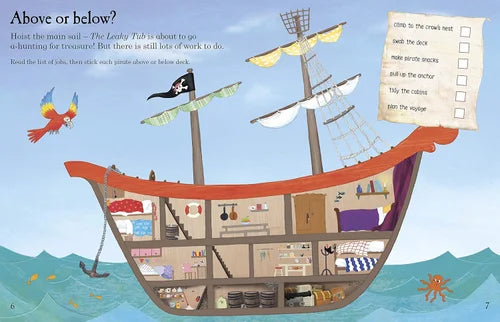Illustration of a pirate ship with a checklist on a blue ocean background
