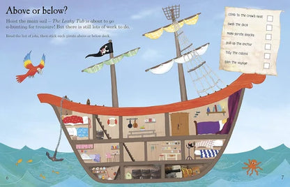 Illustration of a pirate ship with a checklist on a blue ocean background