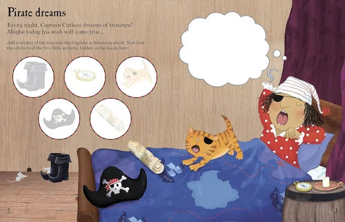 Illustration of a pirate character dreaming in bed with a cat, surrounded by treasure items.