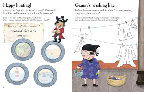 Illustrated page from a children's book with a pirate character and a woman with a laundry basket.