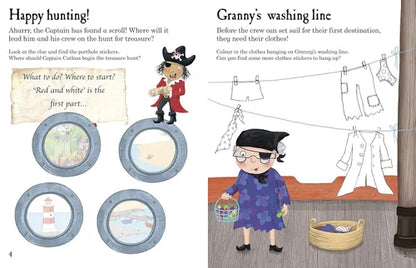Illustrated page from a children's book with a pirate character and a woman with a laundry basket.