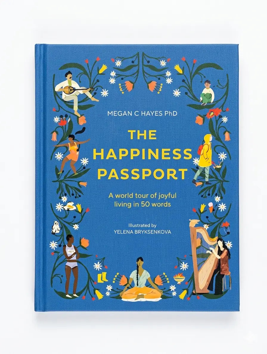 Book titled 'The Happiness Passport' with colorful illustrations on a blue background