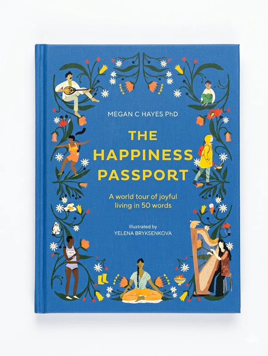 Book titled 'The Happiness Passport' with colorful illustrations on a blue background