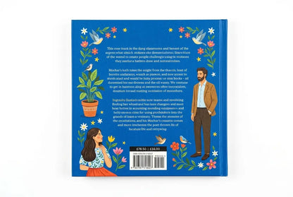 Book back cover with illustrations of a man and woman, plants, and birds on a blue background.